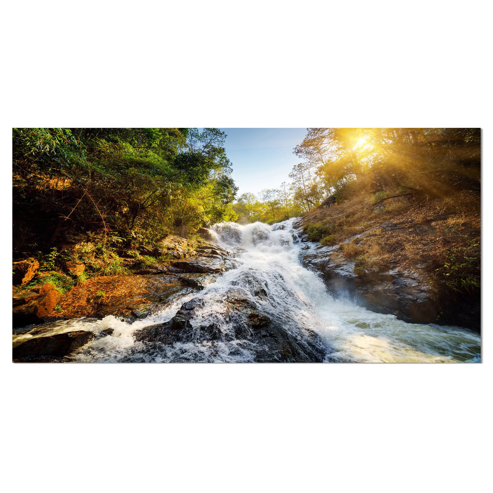 Designart - Waterfall through the Forest - Large landscape Canvas Art Print